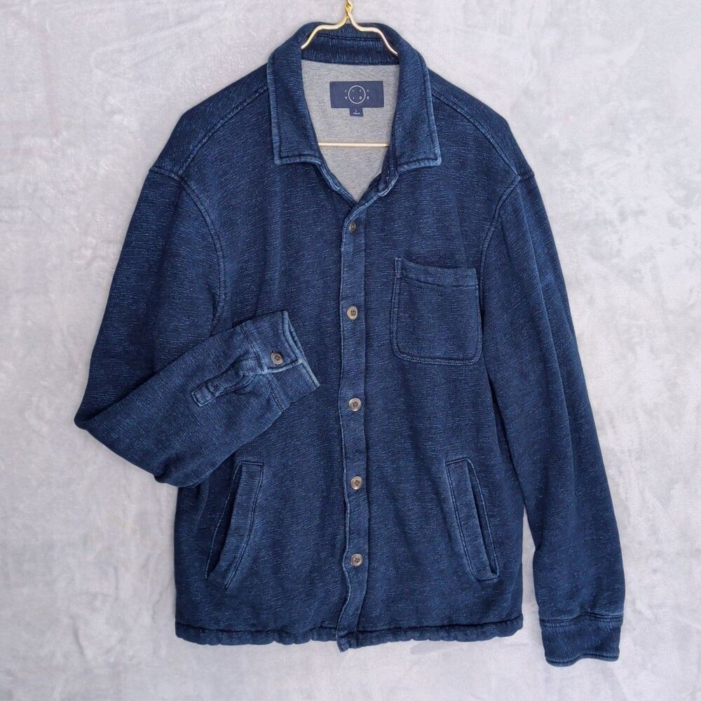 EVEN TIDE Indigo Wash Shirt Jacket Size L Cotton Lined Pockets Beachy Blue